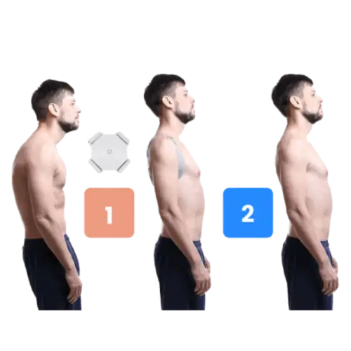 showing the difference of a man's back before, while and after using Smart Posture Corrector